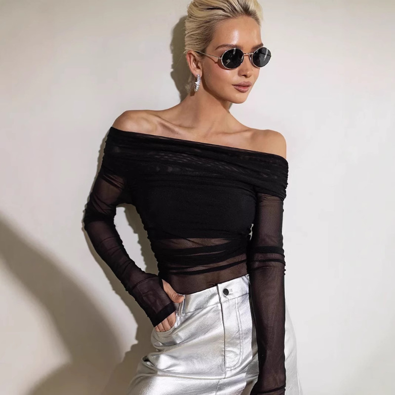 Off Shoulder Top - Women Mesh Off Shoulder Top Sheer