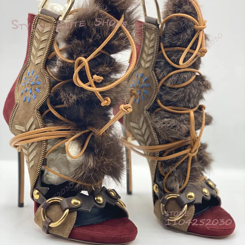 Women'S Fashion Boots - Gray Velvet Rope Wrapped Reddish Brown