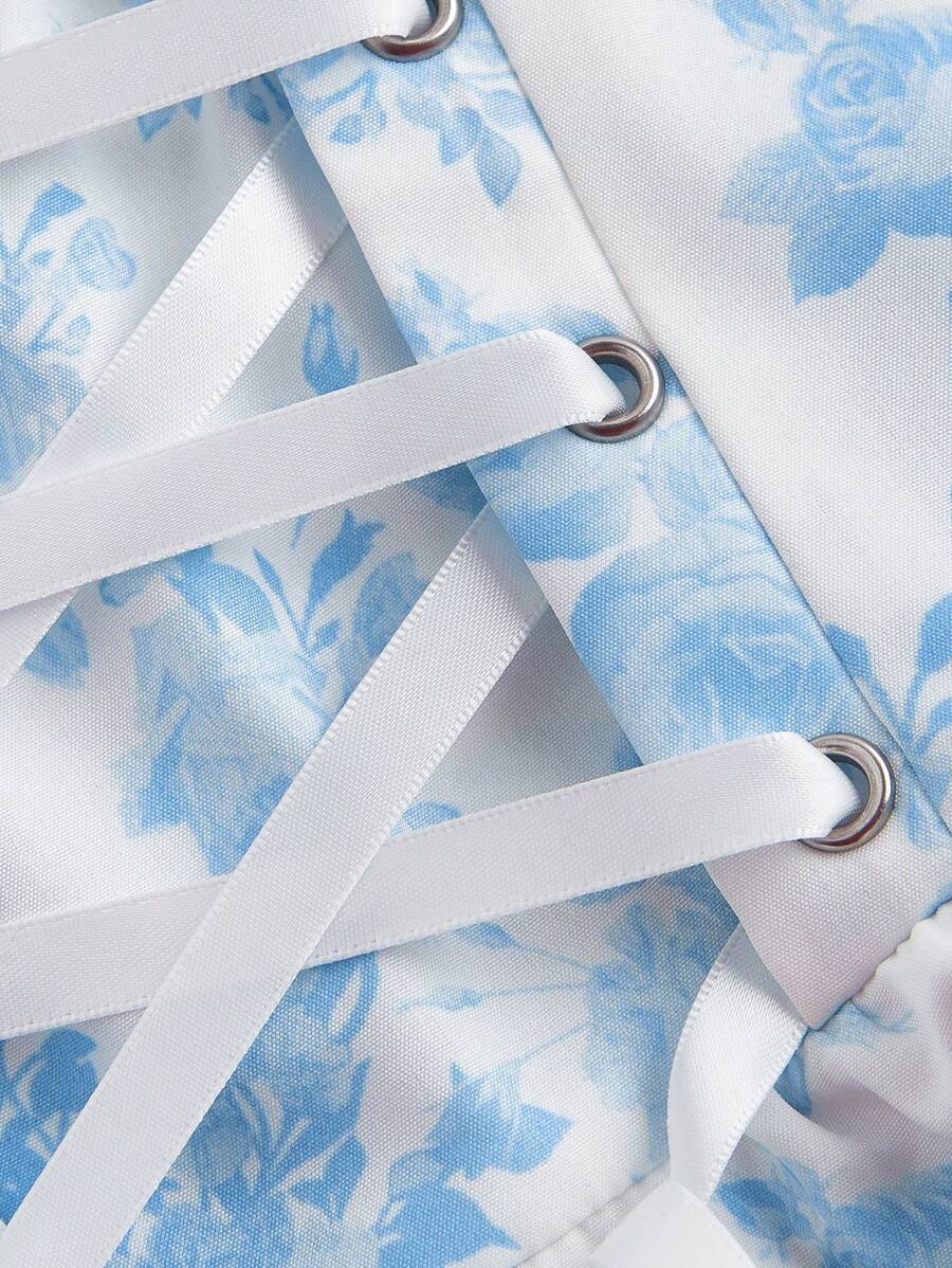 Lace Trim Cami - Blue And White Floral Print Lace