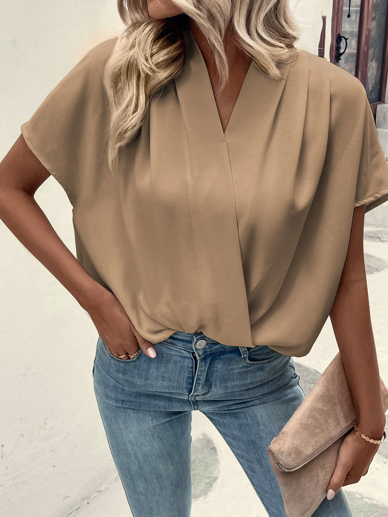 Wrap Blouse Chiffon - Solid Batwing Sleeve Wrap Blouse V-Neck