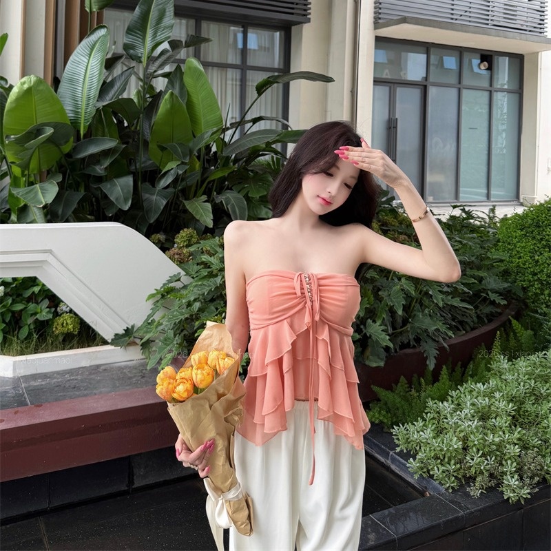 Belted Neckline Ruffle Trim Wr - Wrap Blouse Chiffon reseña y precio