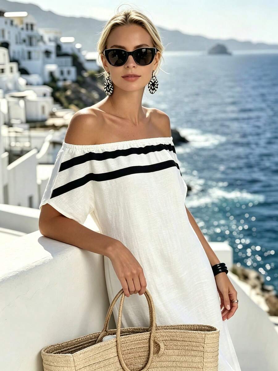 White Off Shoulder Striped Cas - Off Shoulder Top reseña y precio