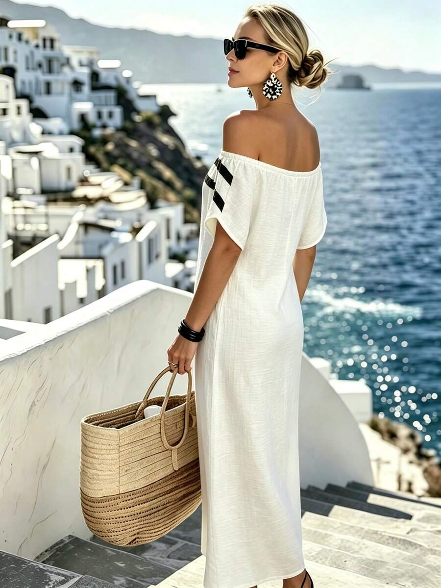 White Off Shoulder Striped Cas - Off Shoulder Top reseña y precio