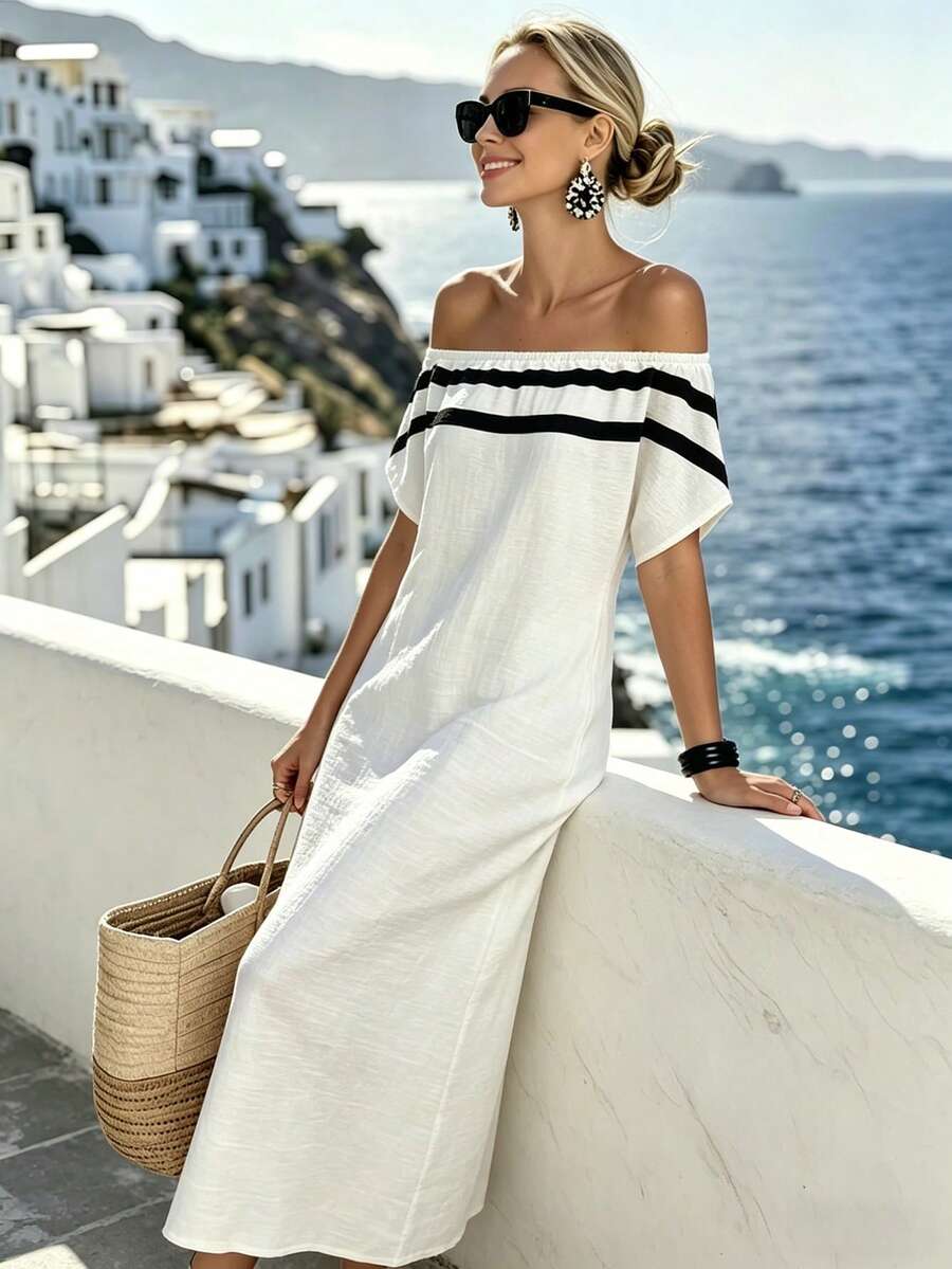 White Off Shoulder Striped Cas - Off Shoulder Top reseña y precio