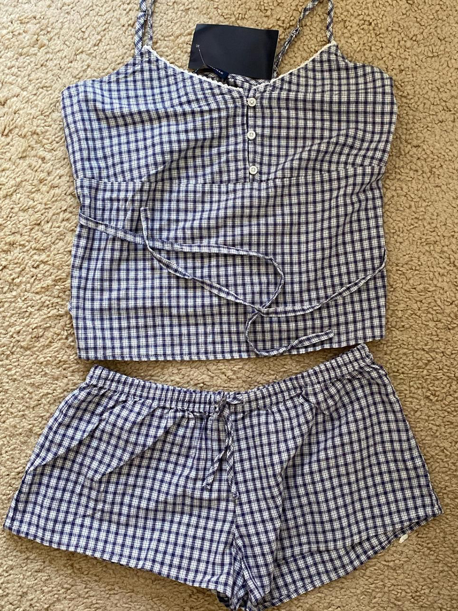 Navy Plaid Tank Shorts 2 Piece - Lace Trim Cami reseña y precio