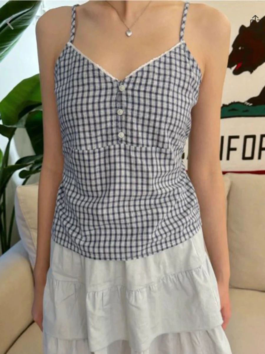 Navy Plaid Tank Shorts 2 Piece - Lace Trim Cami reseña y precio