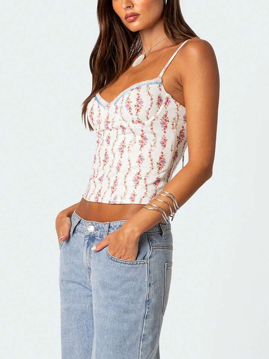 Women Floral Print Tie Strap V - Lace Trim Cami reseña y precio