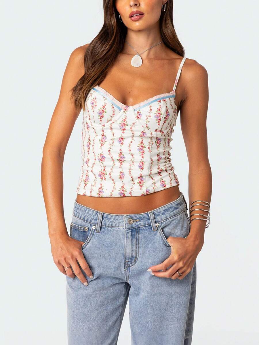 Women Floral Print Tie Strap V - Lace Trim Cami reseña y precio