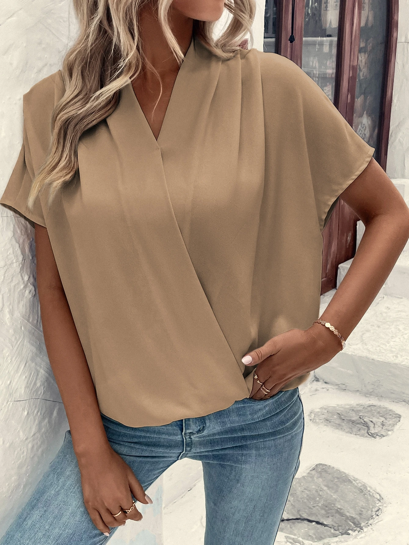 Solid Batwing Sleeve Wrap Blou - Wrap Blouse Chiffon reseña y precio