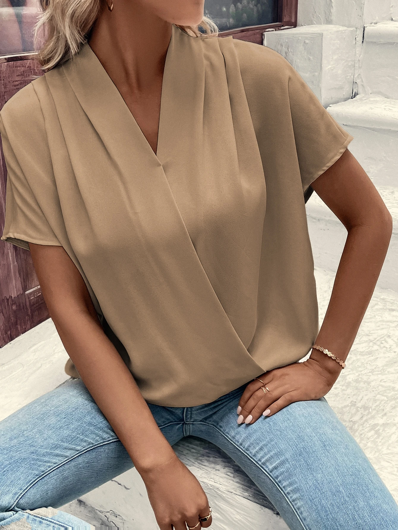 Solid Batwing Sleeve Wrap Blou - Wrap Blouse Chiffon reseña y precio