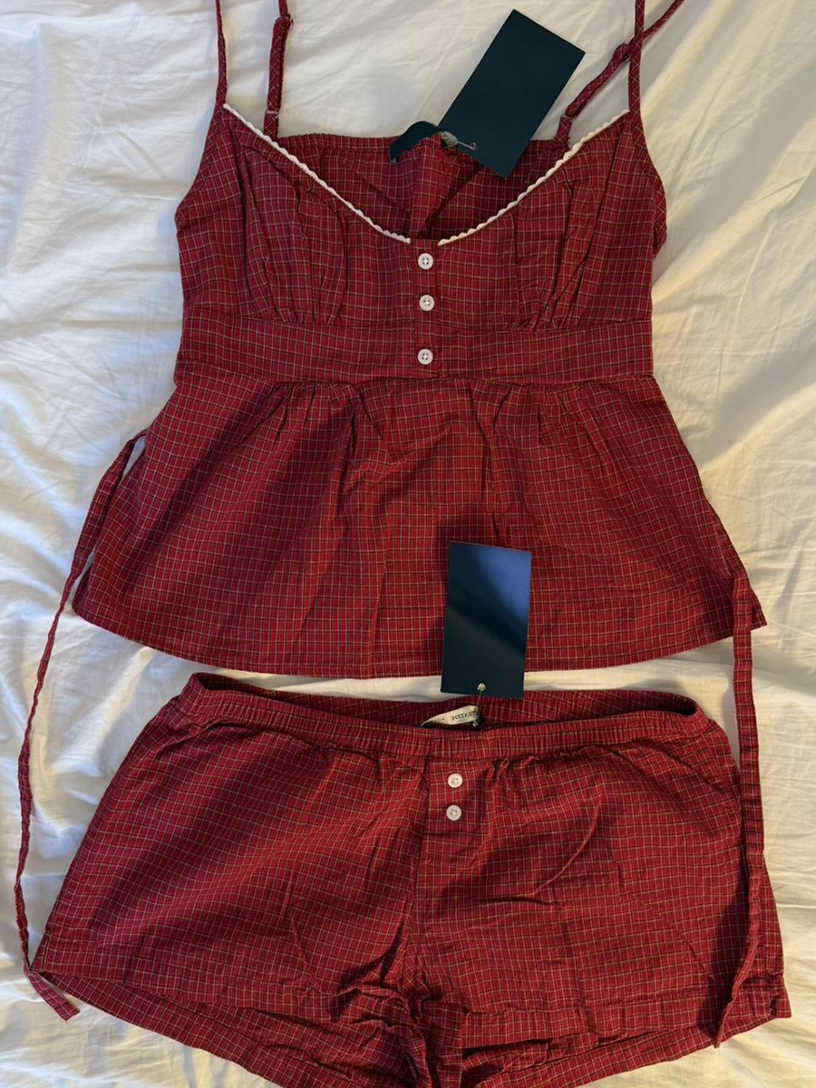 Red Plaid Buttons Tank Shorts  - Lace Trim Cami reseña y precio