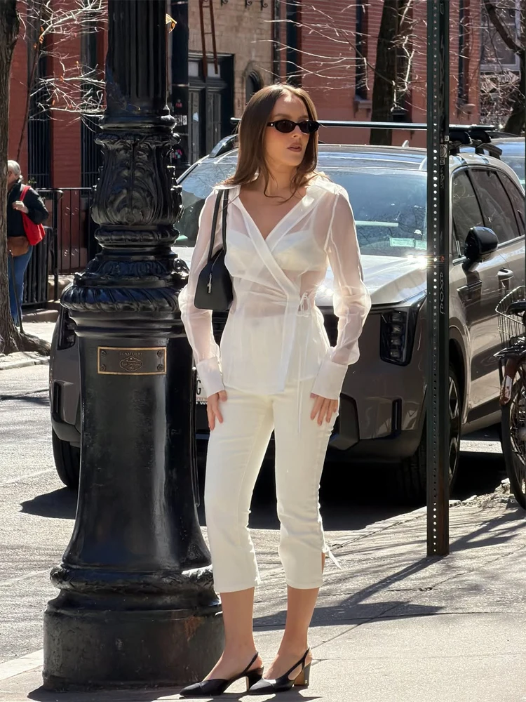 Women's White Sheer V Neck Tie - Wrap Blouse Chiffon reseña y precio