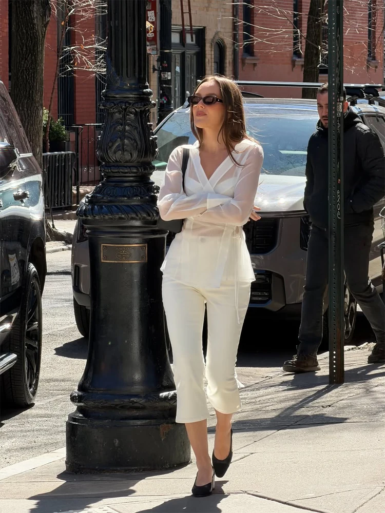 Women's White Sheer V Neck Tie - Wrap Blouse Chiffon reseña y precio