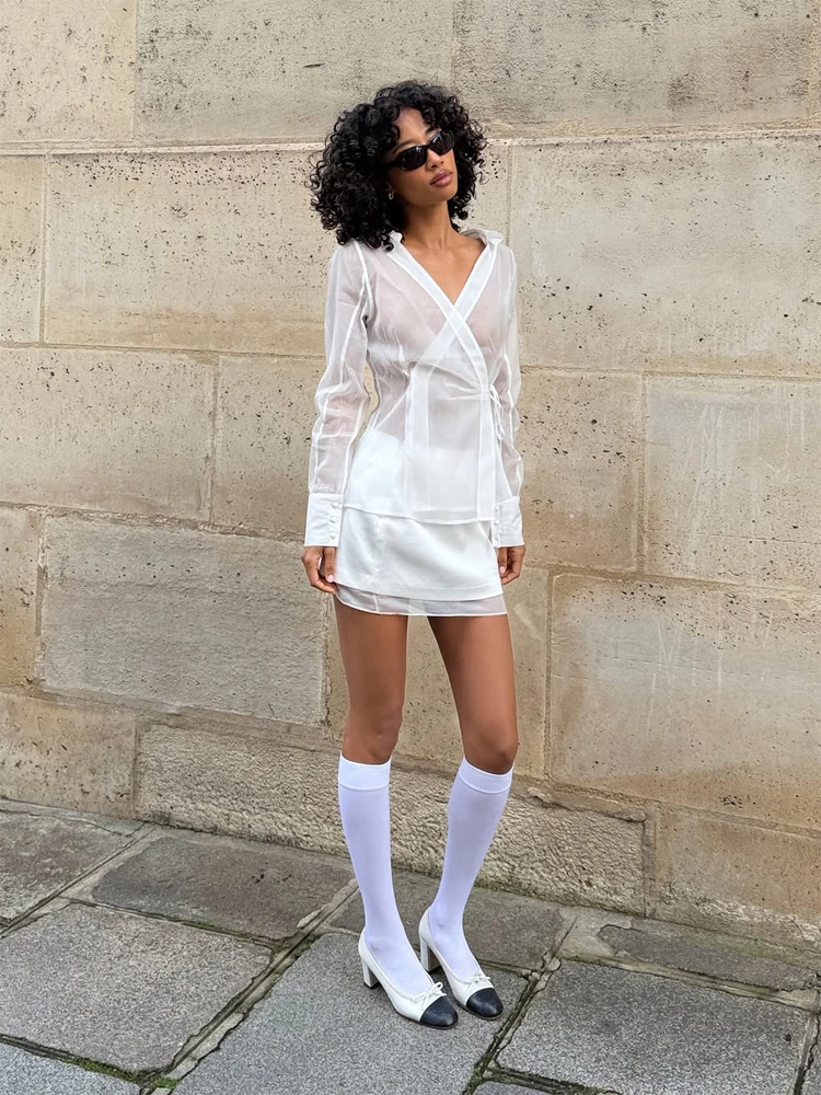 Women's White Sheer V Neck Tie - Wrap Blouse Chiffon reseña y precio