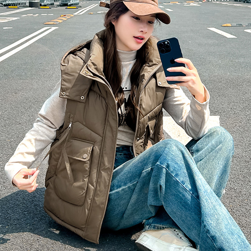 2025 Big Pocket Loose Hooded V - Puffer Vest Fashion Women reseña y precio