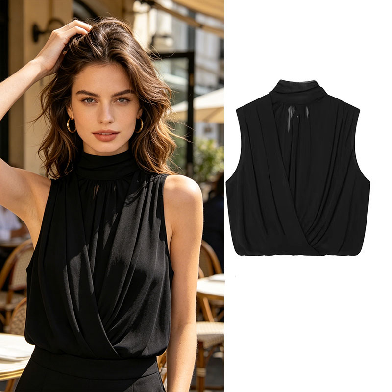 Black Draped Front Blouse Wome - Wrap Blouse Chiffon reseña y precio