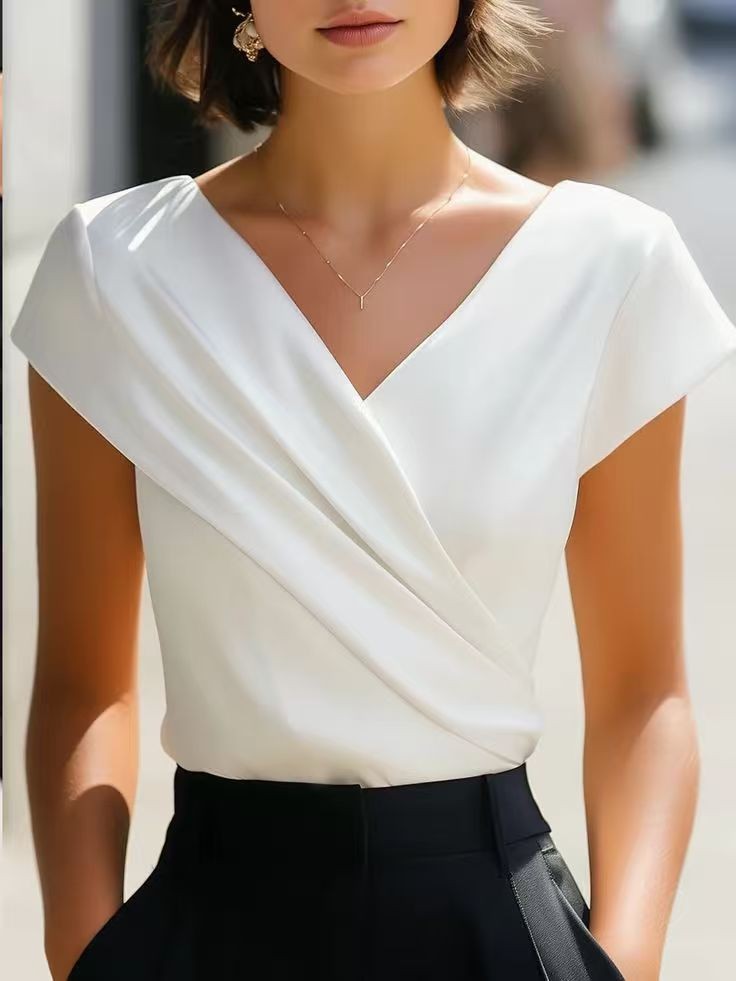 Summer Womens Blouse Solid Whi - Wrap Blouse Chiffon reseña y precio