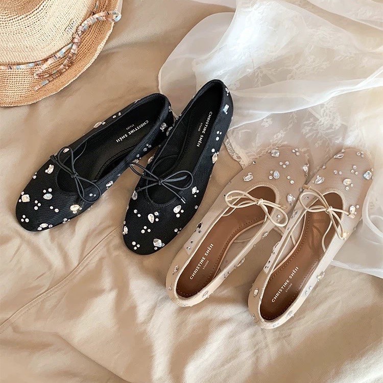 Mesh Rhinestone Bow Flat Mary  - Women Fashion Heels reseña y precio