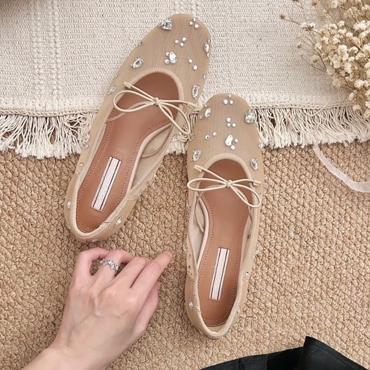 Mesh Rhinestone Bow Flat Mary  - Women Fashion Heels reseña y precio